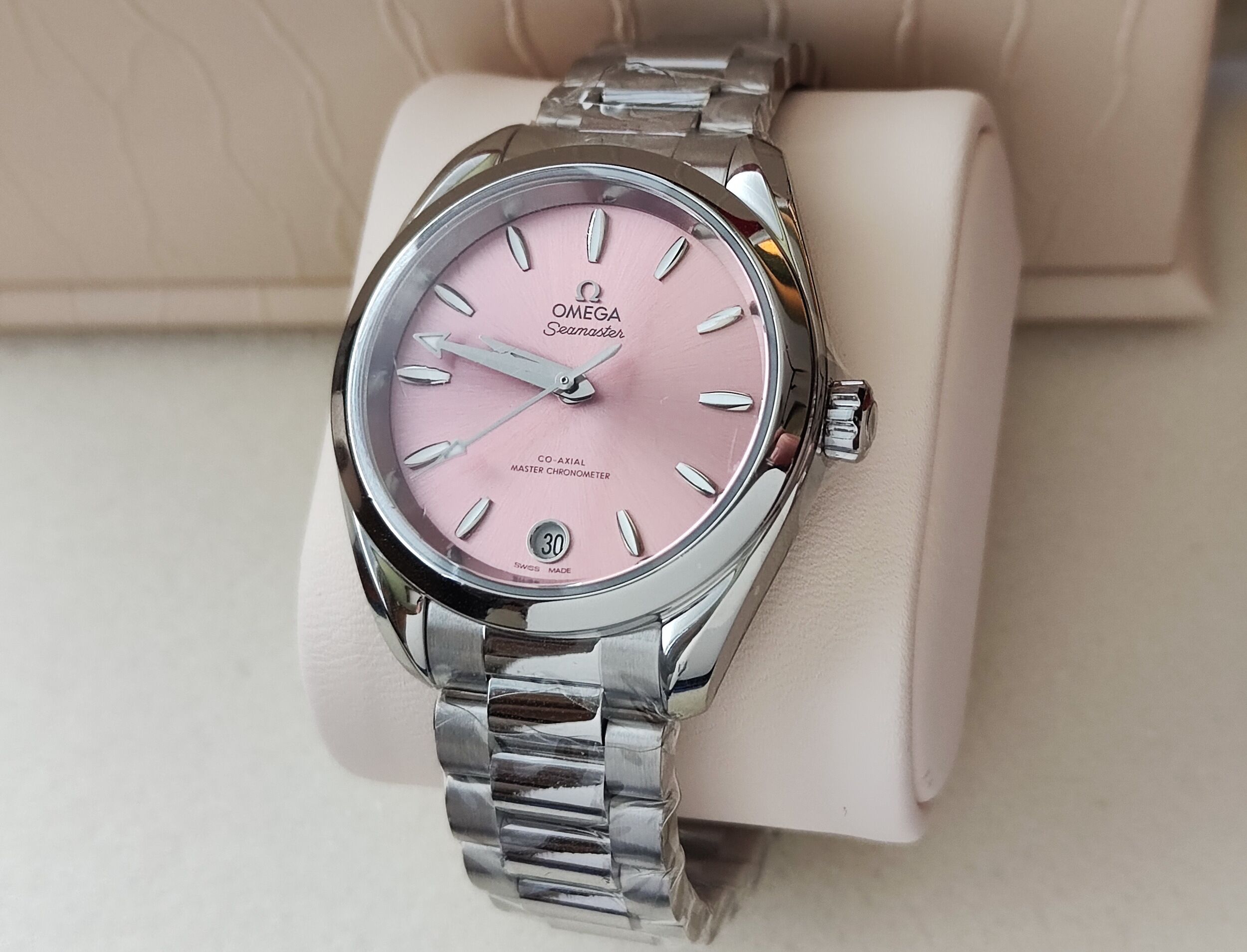 OMEGA 全新 海馬 SHADES系列 粉紅面盤 錶徑34mm 自動上鍊~原廠盒單 國內AD 3