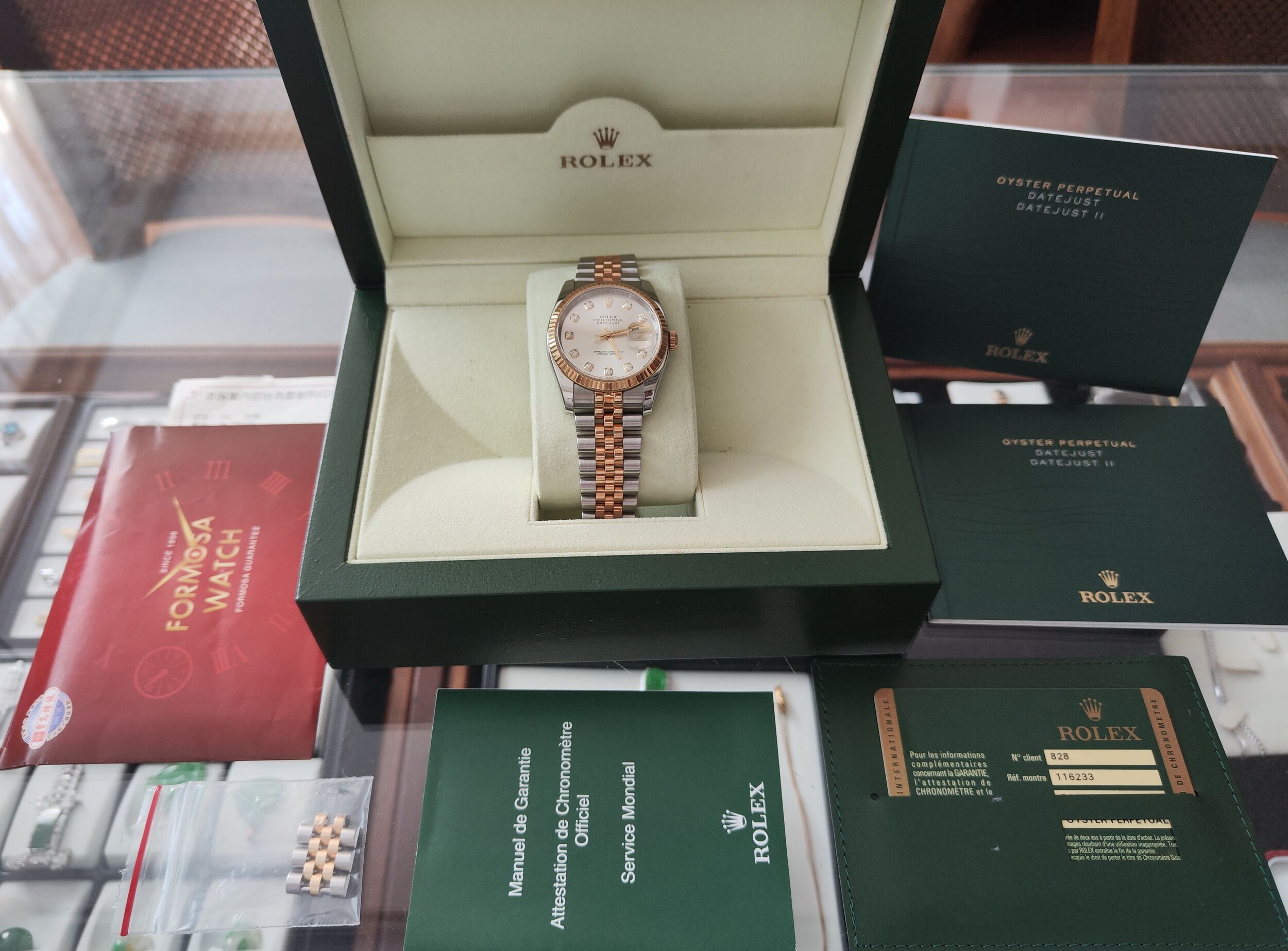勞力士 116233 半金 datejust 鑲鑽刻度 錶徑36mm 銀白色面盤 自動上鍊 五株錶帶 ~原廠盒單 亂碼字頭 6