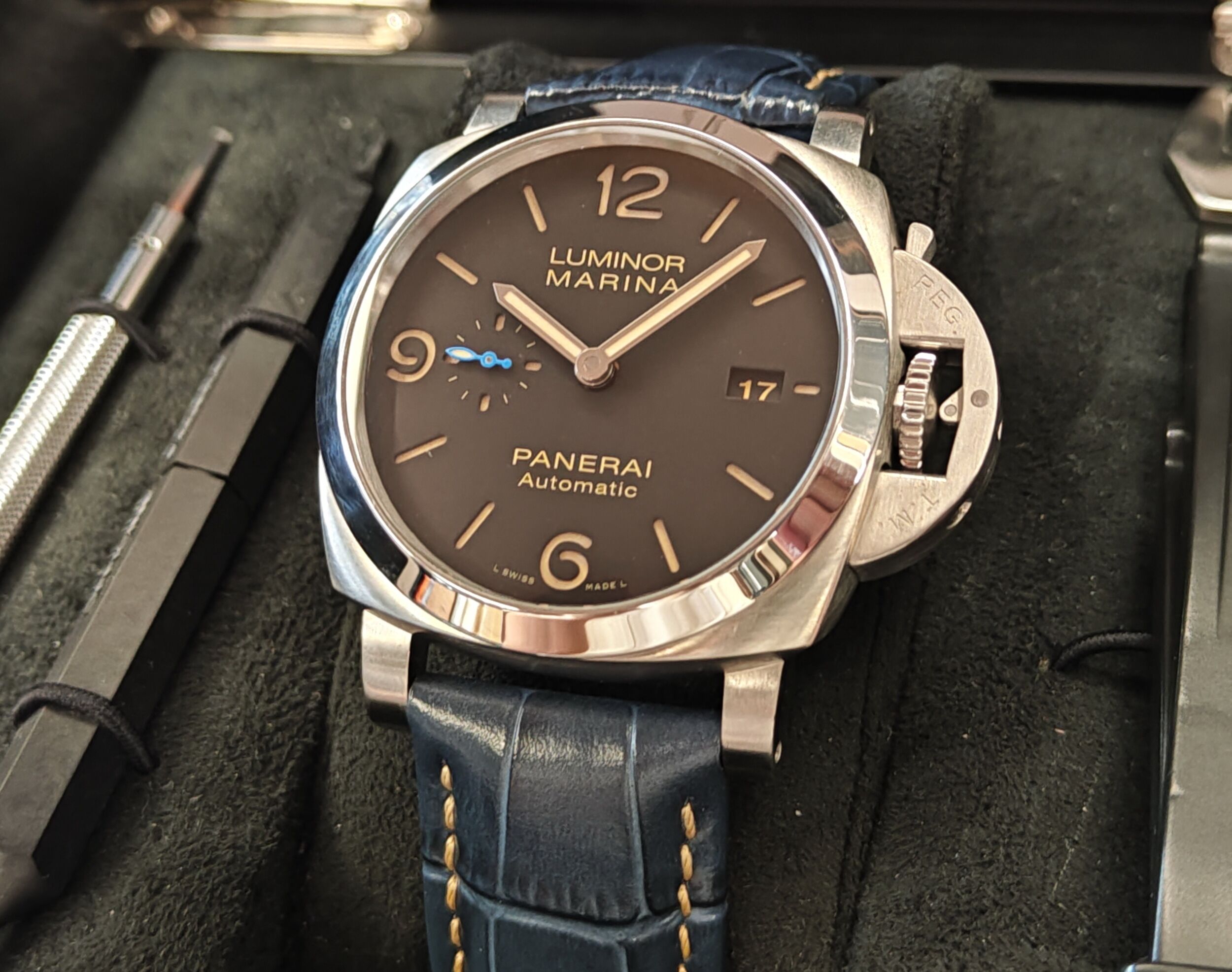 沛納海 PAM1312 大錶徑44mm 自動上鍊 三明治面盤 停產透背款 藍色小秒針~原廠盒單 2018 2