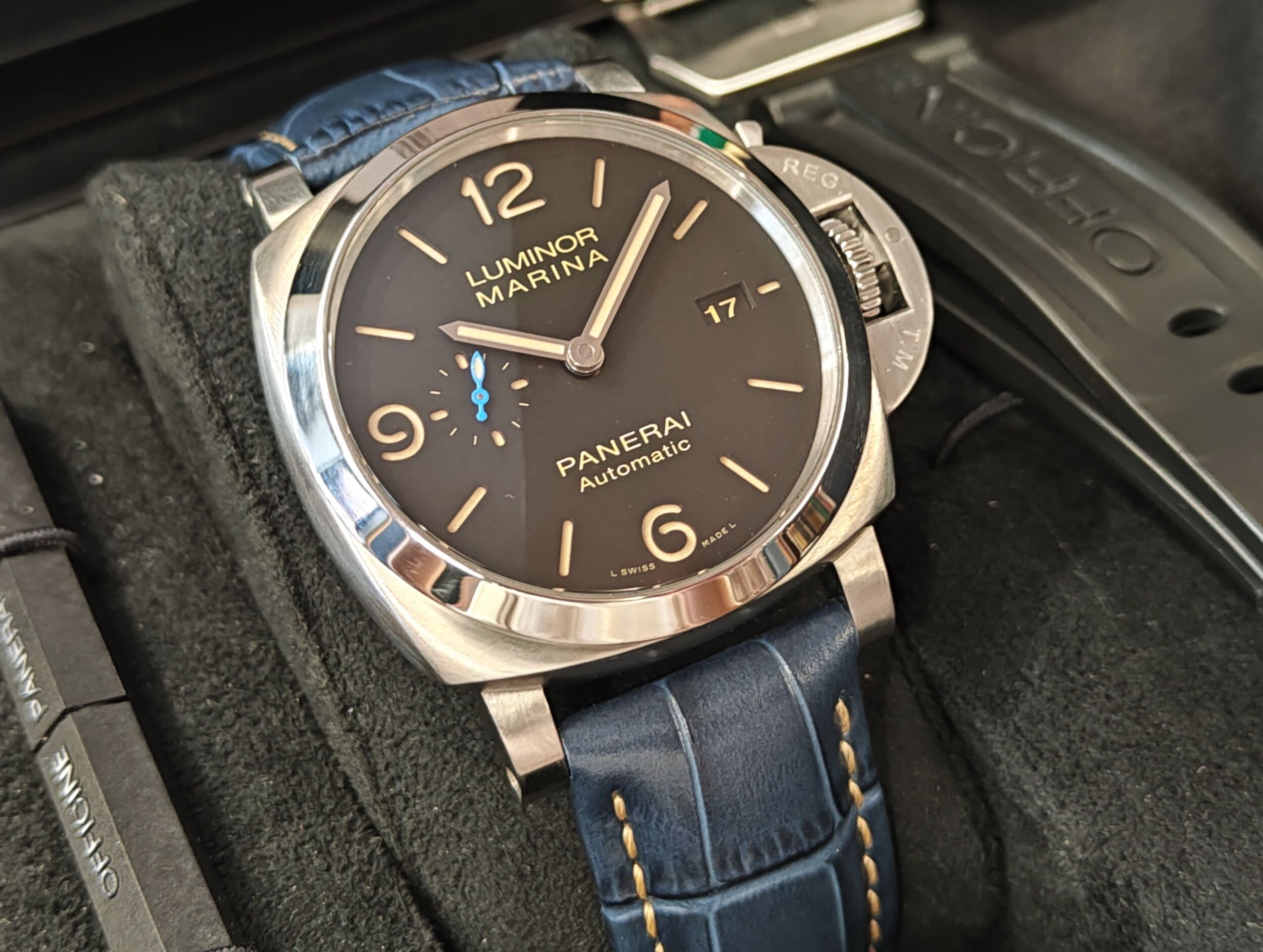 沛納海 PAM1312 大錶徑44mm 自動上鍊 三明治面盤 停產透背款 藍色小秒針~原廠盒單 2018 3