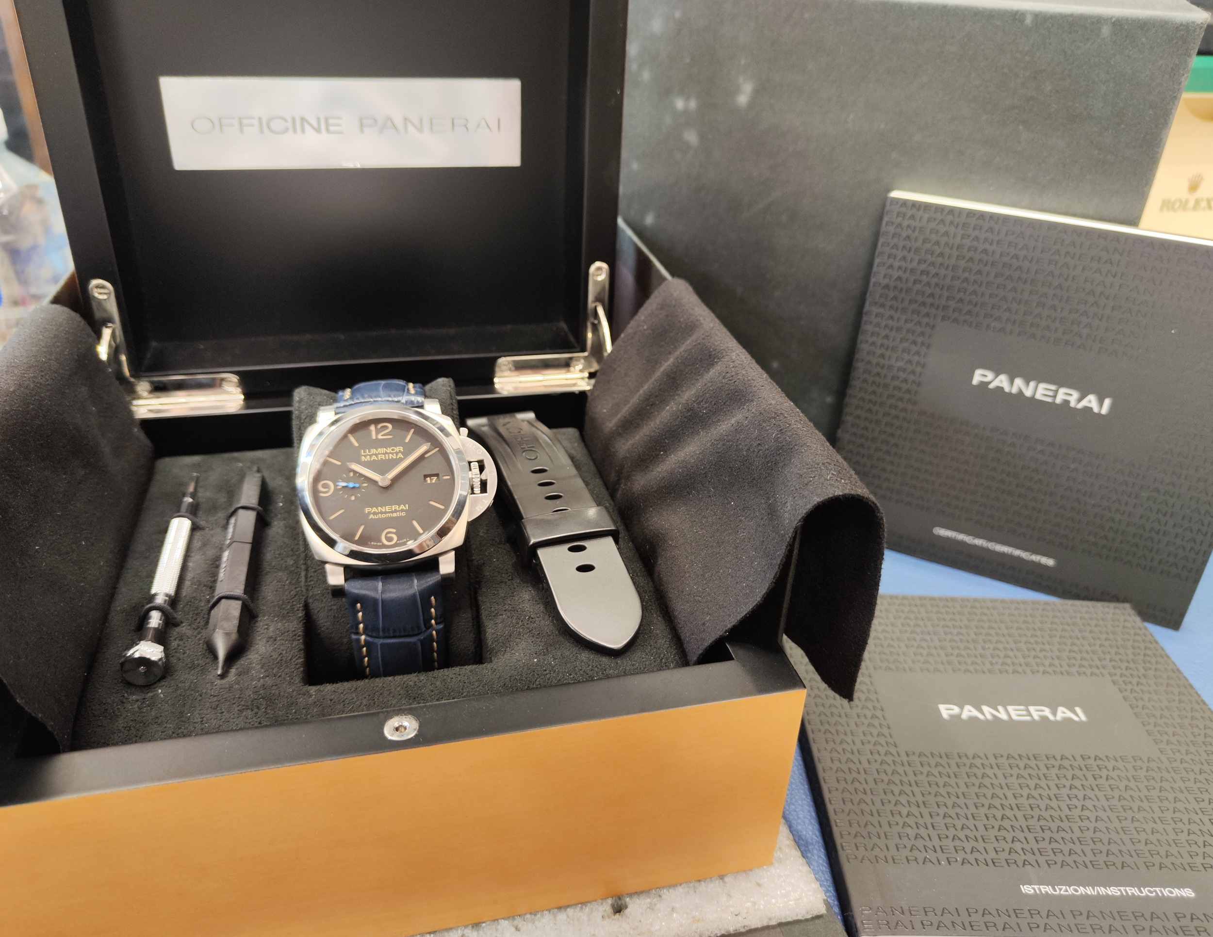沛納海 PAM1312 大錶徑44mm 自動上鍊 三明治面盤 停產透背款 藍色小秒針~原廠盒單 2018 7