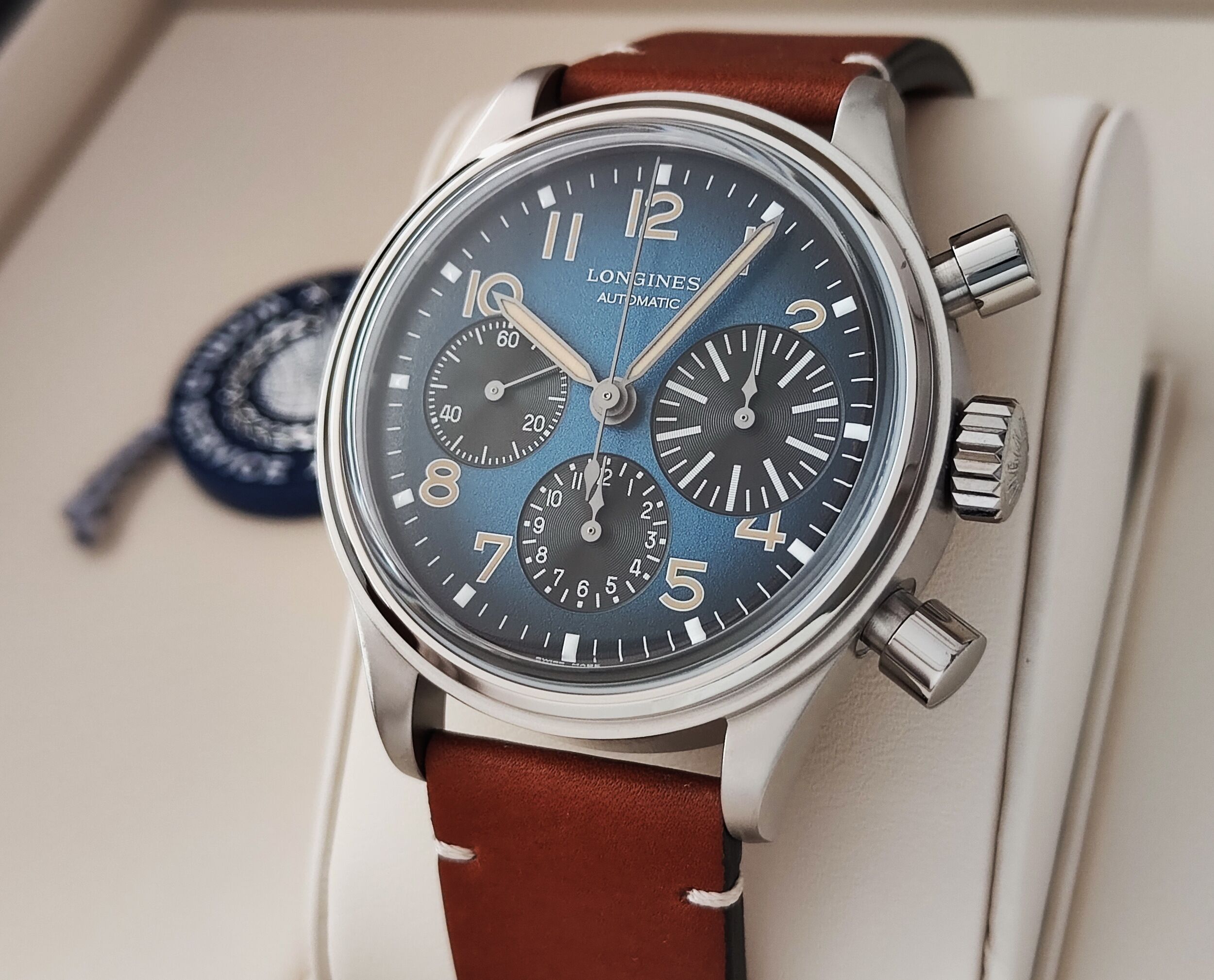 浪琴 全新 BigEye 復刻大眼 藍色漸層面盤 大錶徑41mm 自動上鍊 計時功能~原廠盒單 2026AD 2