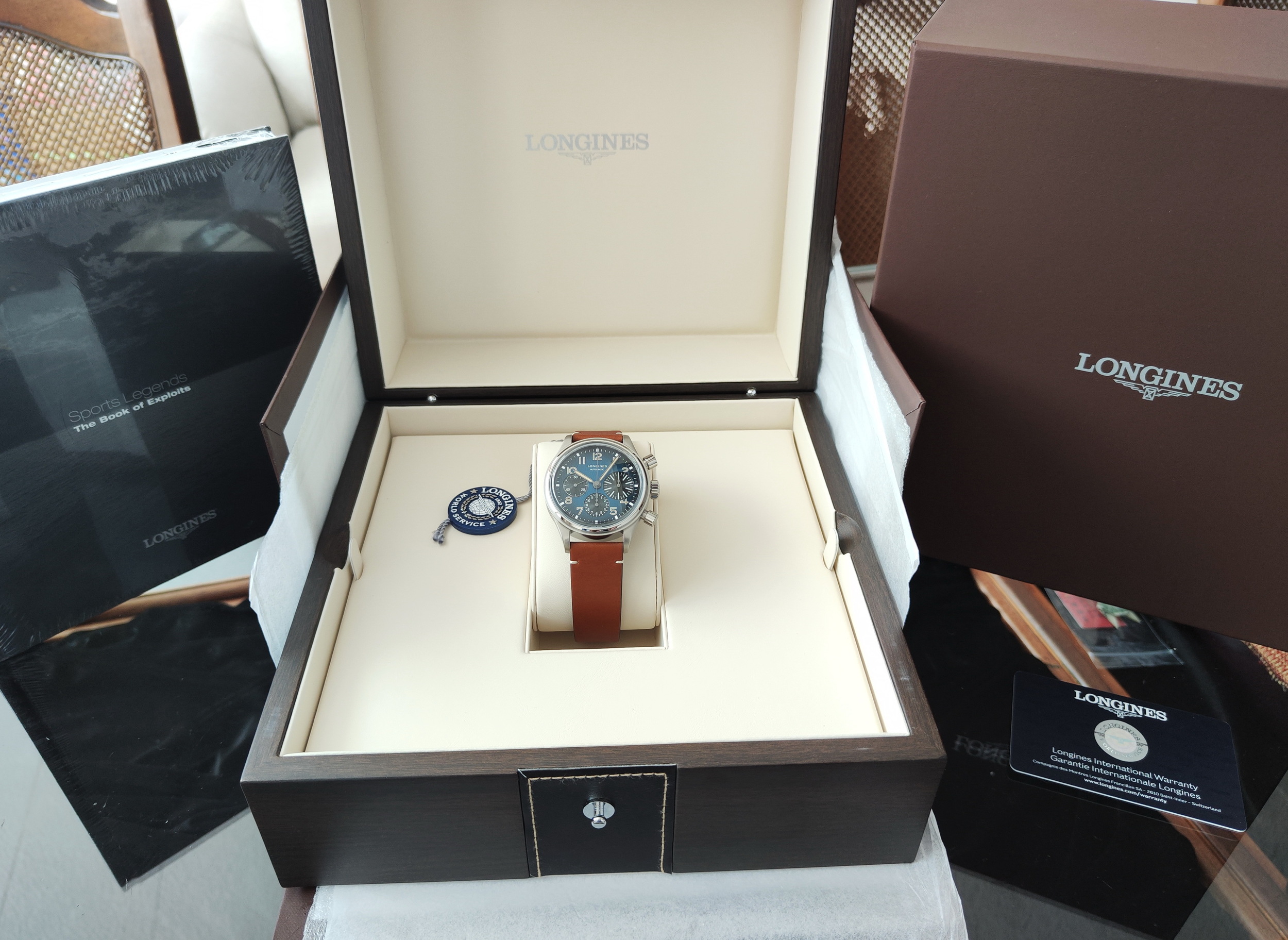 浪琴 全新 BigEye 復刻大眼 藍色漸層面盤 大錶徑41mm 自動上鍊 計時功能~原廠盒單 2026AD 9