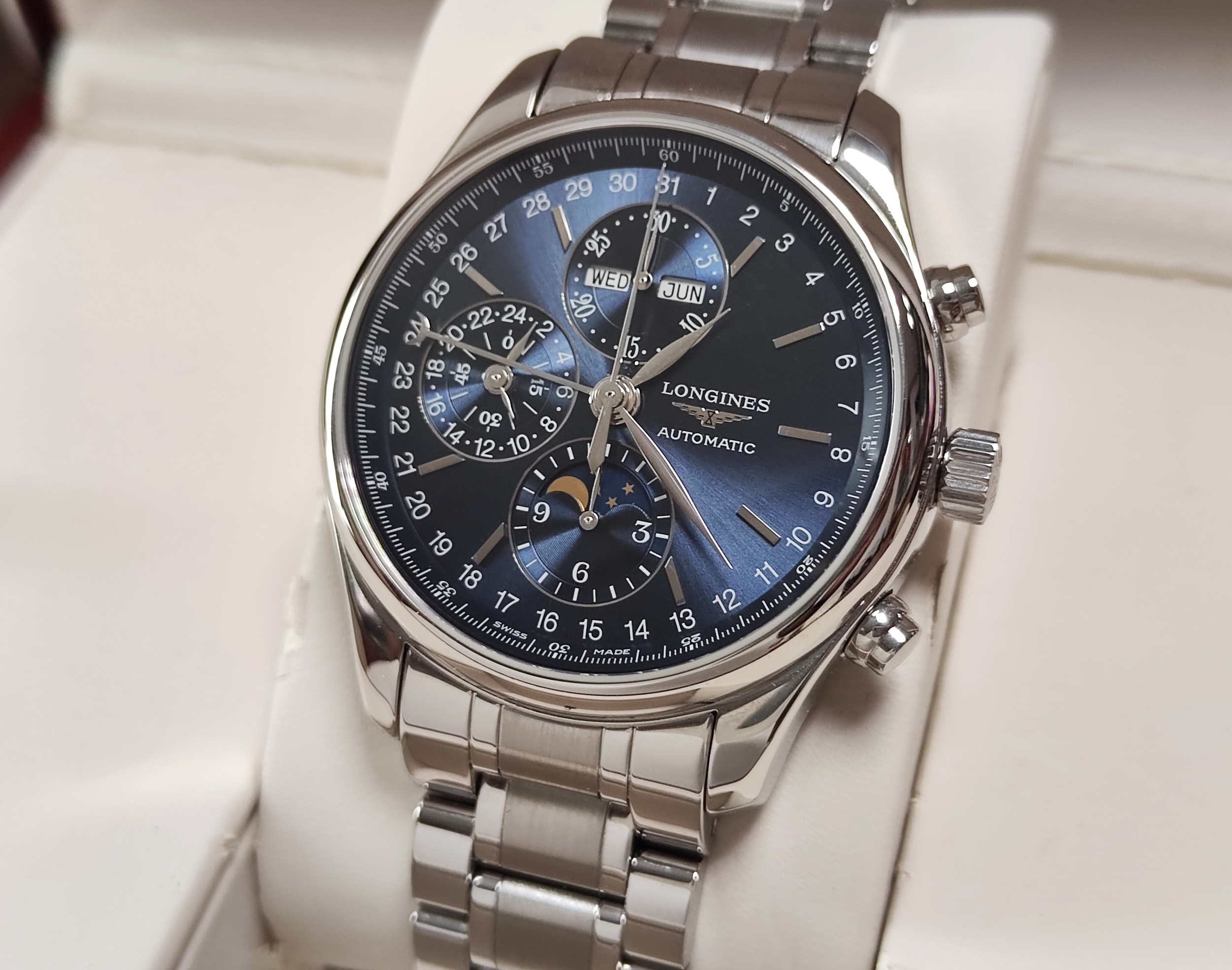 浪琴 巨擘系列 月相 全日曆 大錶徑42mm 藍色面盤 自動上鍊 計時~原廠盒單 國內AD 2